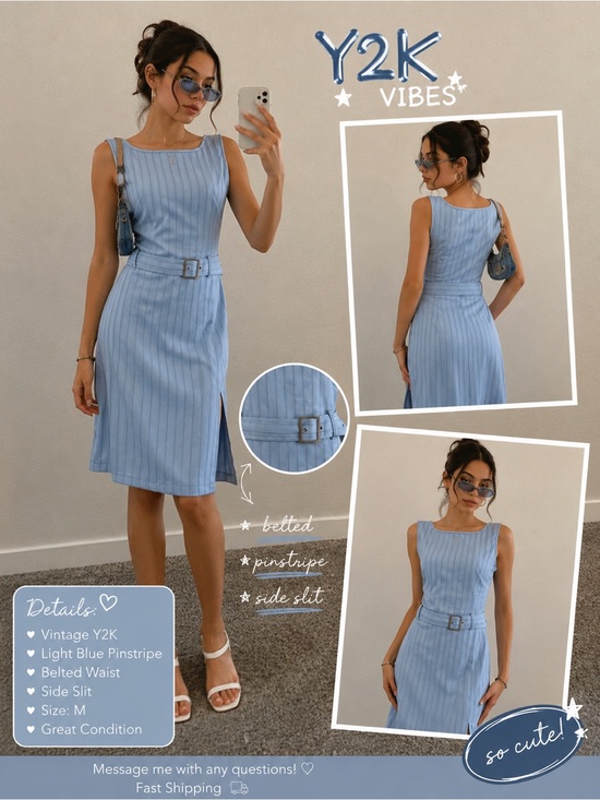 Vezucci Dresses & Skirts - Vintage Y2K Light Blue Pinstripe Belted Dress
